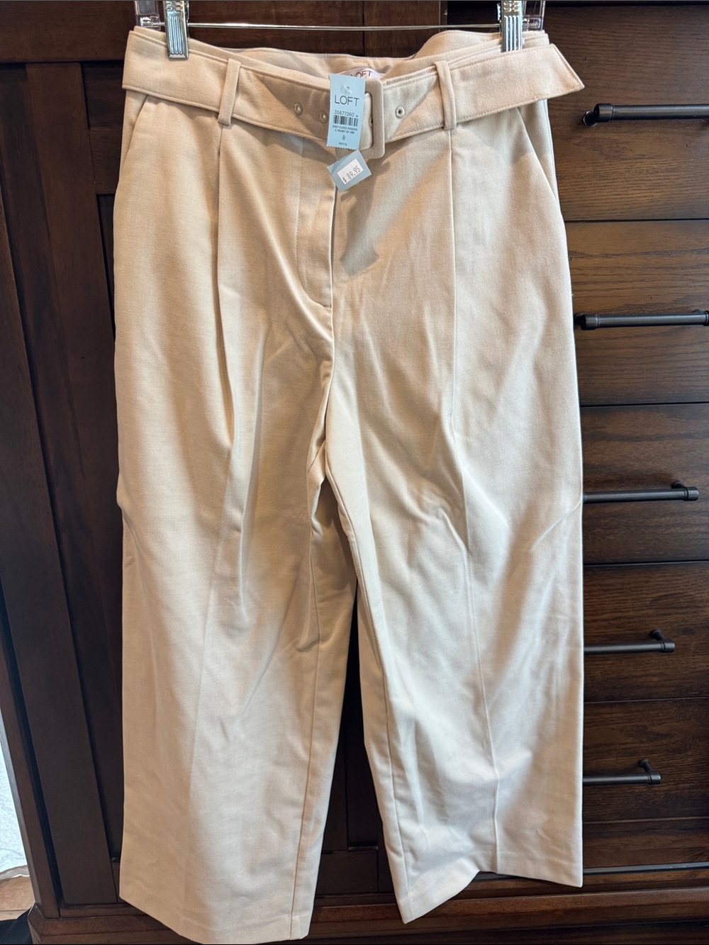 LOFT Beige High-Waist Pleated Belted Chinos